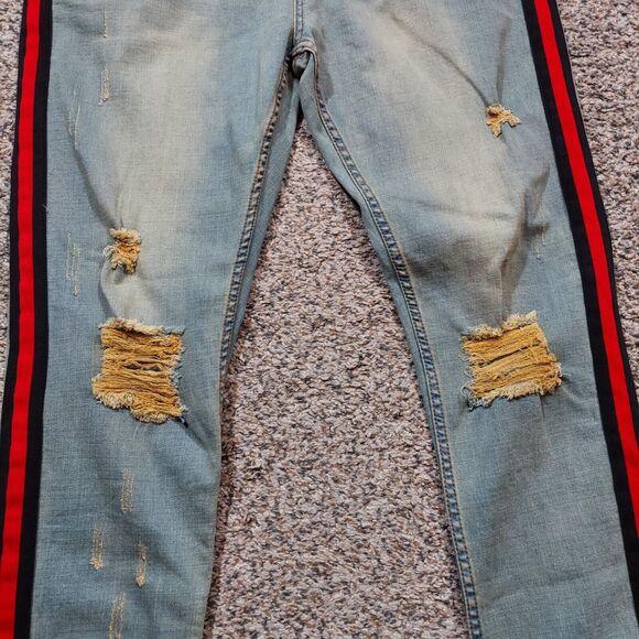 Serenede Men’s 40x32 Light Wash Distressed Slim Straight Leg Jeans Red Stripe - Picture 2 of 10